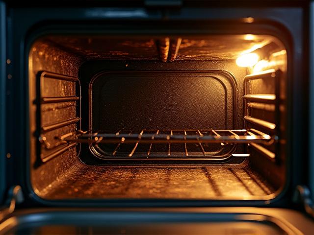 Before and after of a heavily soiled oven interior becoming sparkling clean