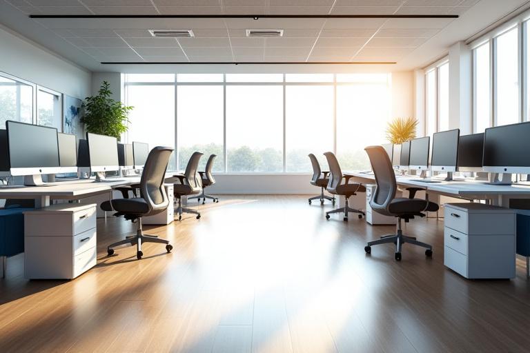 A modern, brightly lit Burnley tech office, impeccably clean with organized desks and polished surfaces.