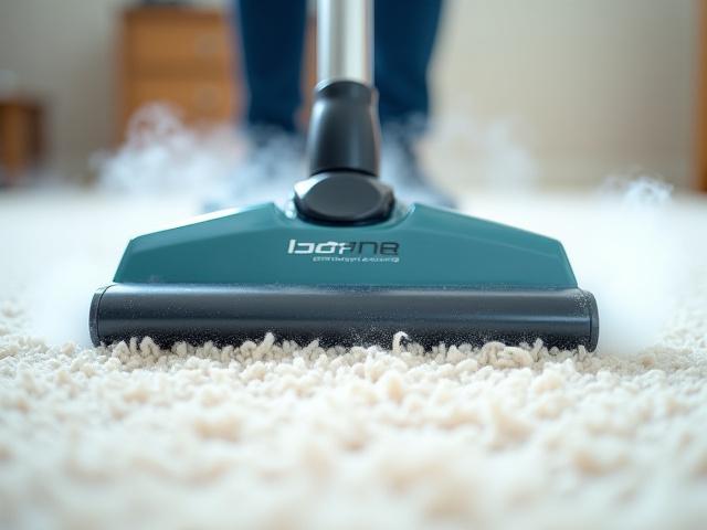 Professional carpet cleaning machine working on a plush carpet, removing stains