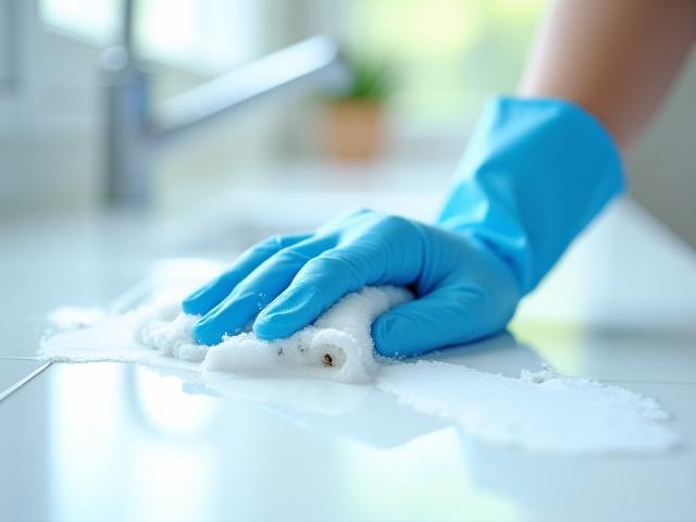 A deep clean in progress, showing hands scrubbing a kitchen surface with sanitizing spray